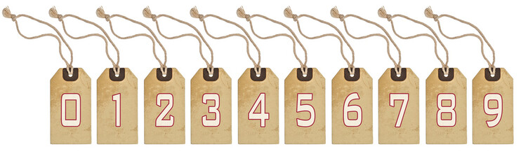 Textured numbers tag tied with brown string. Clipping path