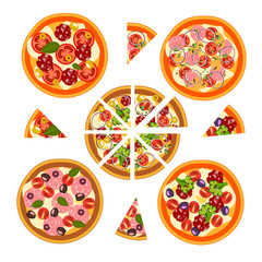 Set of pizza with different ingredients.