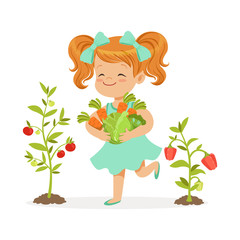 Sweet redhead little girl picking vegetables in the garden, kids healthy food concept colorful vector Illustration
