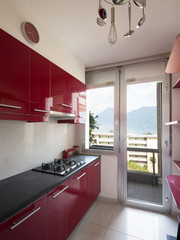 Red empty kitchen