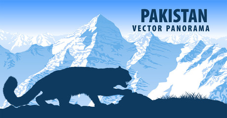 vector panorama of Pakistan with mountains snow leopard