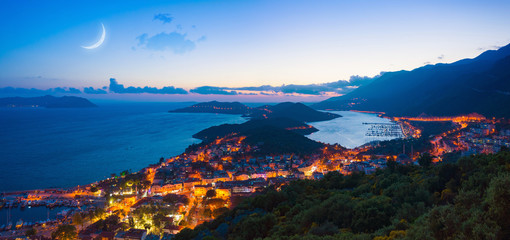 Sunset aerial panoramic view of small resort city Kas, Turkey