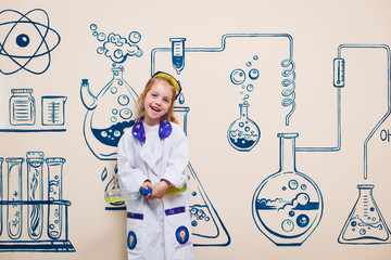 small children do chemical experiments. cheerful science,
