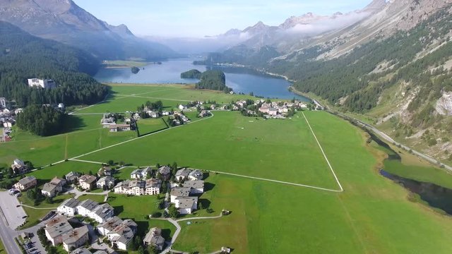 Village in Engadine, Sils and Silvaplana. Alpine lake and mountain
