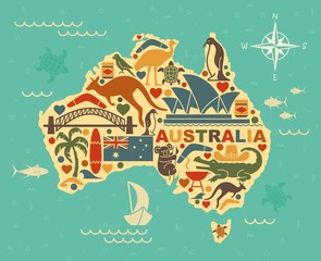 Stylized map of Australia with the symbols of Australian culture and nature - obrazy, fototapety, plakaty