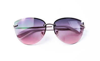 Trendy stylish sunglasses teardrop-shaped purple and lilac color isolated on white background.
