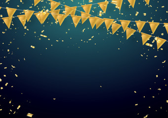 Fototapeta premium Celebration background template with confetti and gold ribbons.