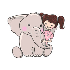 Cute hand drawn elephant with girl.