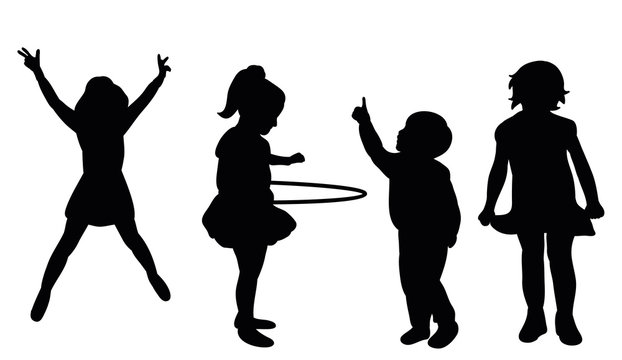  isolated silhouette of children play and dance
