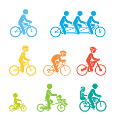 Set of pictograms presenting people riding various types of bicycles.