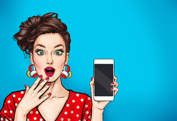 Girl with phone in the hand in comic style. Woman with smartphone. Hipster girl. Digital advertisement.Woman with phone. - obrazy, fototapety, plakaty