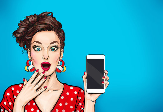 Girl with phone in the hand in comic style. Woman with smartphone. Hipster girl. Digital advertisement.Woman with phone.