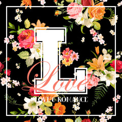 T-shirt Floral Design with Lily Flowers and Orchids. Romance Nature Background in Vector