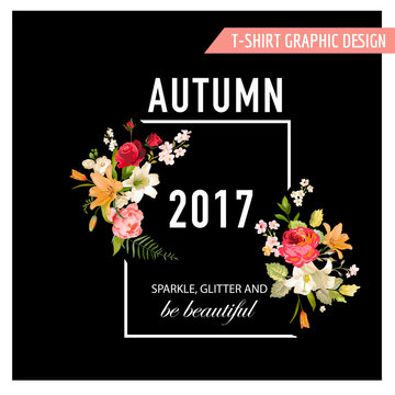 Autumn T-shirt Floral Design with Lily Flowers and Orchids. Romance Nature Background in Vector