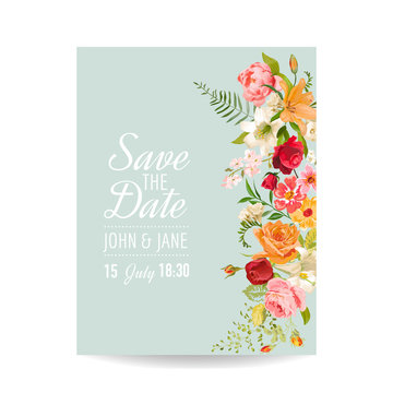 Wedding Invitation Card with Lily Flowers and Orchid. Baby Shower Decoration in vector