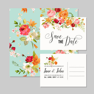 Set of Wedding Cards with Lily Flowers and Orchids. Save the Date, Baby Shower Decoration in vector