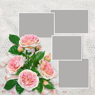 Frames for family photos on a beautiful lace background and a bouquet of pink roses