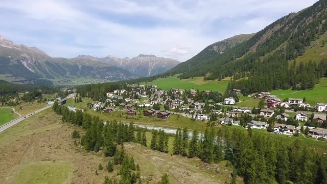Village of Pontresina, tipical houses in Switzerland, Valley of Engadine