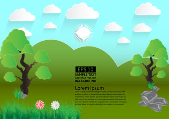 Green landscape meadow with trees and clouds,Vector illustration. paper art style