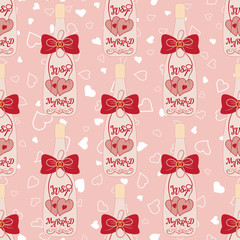 Wedding seamless pattern. Bottle of champagne with hearts and bow