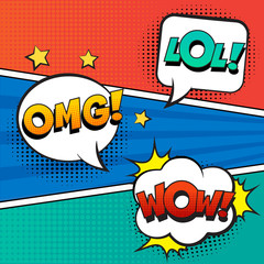 Stylish retro comic speech bubbles set on colorful background. Expression text LOL, OMG, WOW. Vector illustration, vintage design, pop art style.