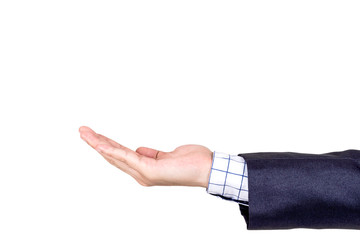 Businessman open empty palm hand gesture isolated on whith background