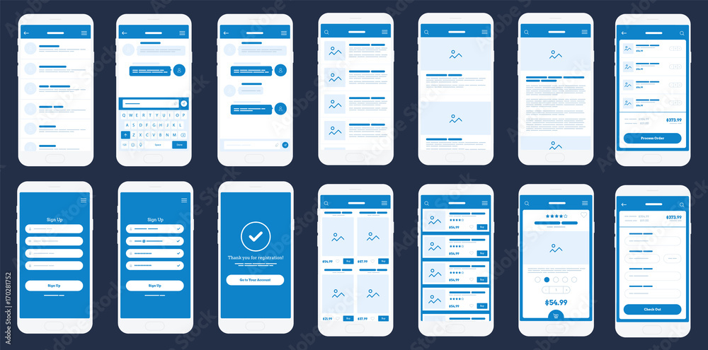 Wall mural mobile app wireframe ui kit. detailed wireframe for quick prototyping.