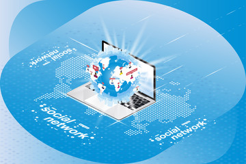 Social Networks 3D isometric concept. Globe with icons of notifications in a laptop on a background of a digital world map. Vector illustration EPS 10