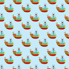 Cute kids pattern for girls and boys. Colorful ship on the abstract bright background create a fun cartoon drawing.The background is made in blue colors.Urban backdrop for textile and fabric