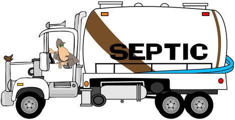 Illustration of a man backing up a septic tank pumper truck.