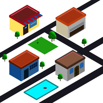isometric building in small city with barbershop and garage