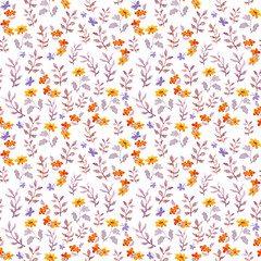 Seamless retro decorative floral swatch. Cute flowers, leaves and retro butterflies. Aquarelle