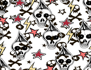 Halloween background. Scary monsters, bones, skulls and zombie.  Cute seamless pattern. Hand drawn illustration.
