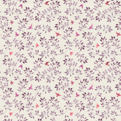 Seamless ditsy pattern with hand painted leaves and cute birds. Watercolor floral design