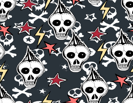 Halloween background. Scary monsters, bones, skulls and zombie.  Cute seamless pattern. Hand drawn illustration.