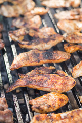 Flat lay above chicken white breast meat on the barbecue grill with kebabs