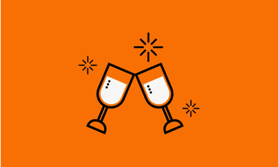 Wine Glasses Clinking to do Cheers (Line Art Vector Illustration in Flat Style Design)