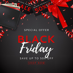 Black friday sale background with confetti. Top view on black gift box with satin bow and wallet on dark backdrop. Vector illustration with serpentine and advertising tags for seasonal offer.