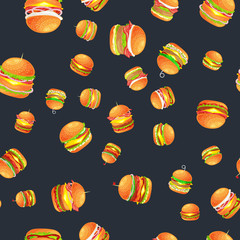 Seamless pattern tasty burger grilled beef and fresh vegetables dressed with sauce bun for snack, american hamburger fast food meal menu barbecue meat vecor illustration background