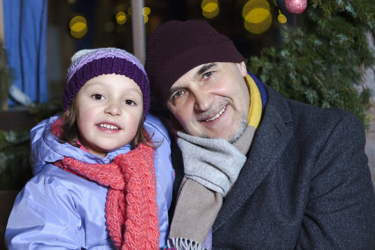 Grandfather and granddaughter, portrait, Bad Toelz, Bavaria, Germany