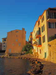 The buildings along the coastline of Saint Tropez, on an early summer morning.