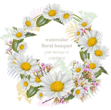 Chamomile flowers round wreath card. Decor frame Vector illustration