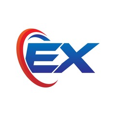 modern dynamic vector initial letters logo ex with circle swoosh red blue