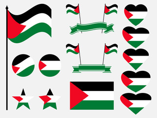 Palestine flag set. Collection of symbols, flag in heart. Vector illustration