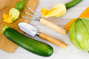 Green zucchini and blossoms on wooden table