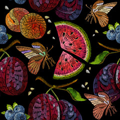 Embroidery fruit seamless pattern. Template for clothes, textiles, t-shirt design. Classic embroidery watermelon, pineapple, plums, berries, butterflies, summer seamless pattern
