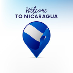 Flag of Nicaragua in shape of map pointer or marker. Welcome to Nicaragua. Vector illustration.