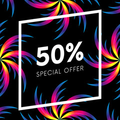 Abstract palm leafs with spectrum gradient. Fifty percent off. Special offer. Summer sale banner. Black frame. Dark style. Vector illustration.