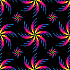 Abstract palm leafs with spectrum gradient. Seamless pattern. Summer style. Dark style. Vector illustration.