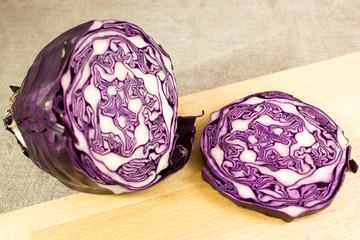 Red cabbage sliced on the table